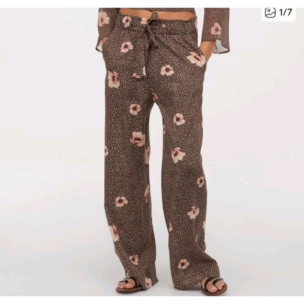 H&M Paperbag Wide Trousers Pants Floral High Rise Belted Brown Autumn Fall Sz 4 - Picture 3 of 9